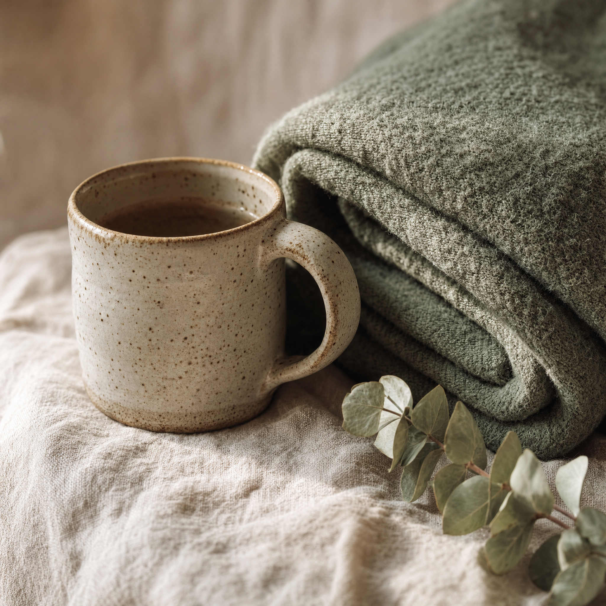 Tasse en céramique, plaid en laine vert sauge et branche d'eucalyptus sur du lin