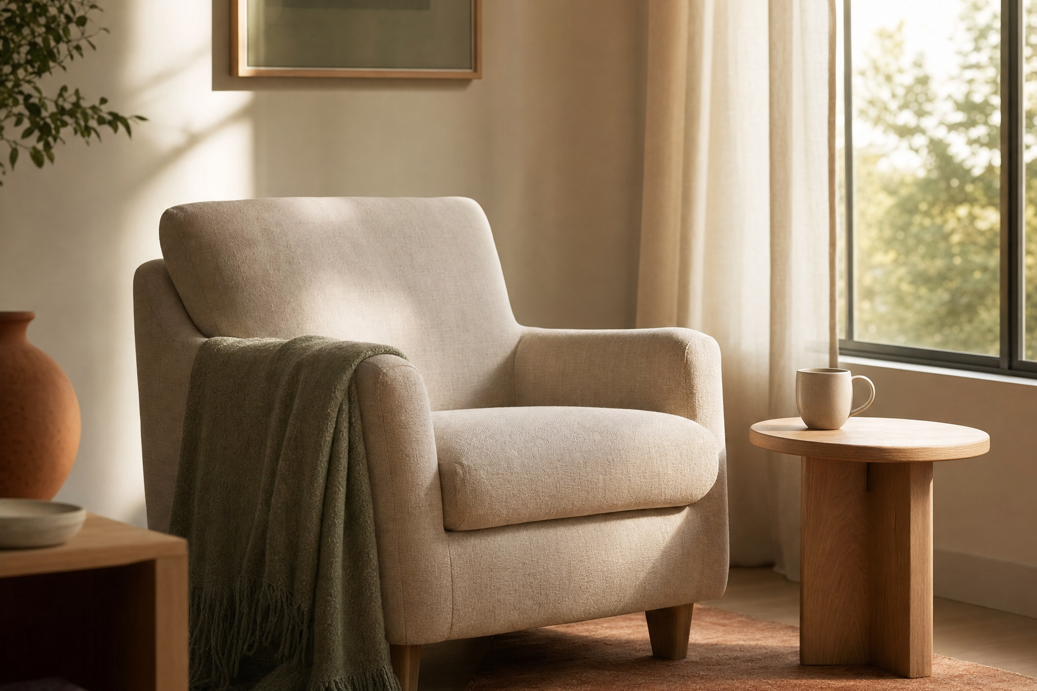 Fauteuil en lin près d'une fenêtre dans la lumière du matin