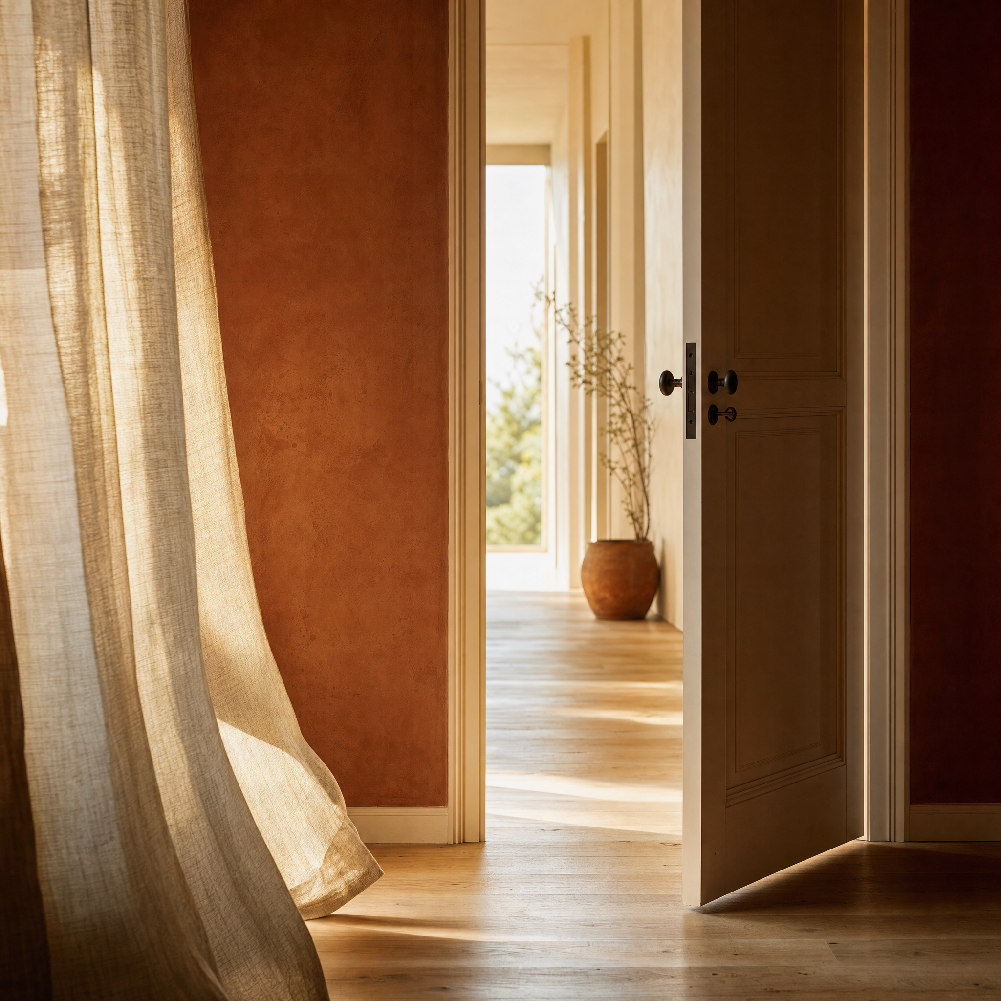 Une porte ouverte sur un couloir baigné de lumière du matin
